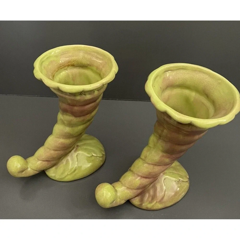 2 Vases West Coast Pottery California 210 Cornucopia Horn Vase Art Deco Vintage